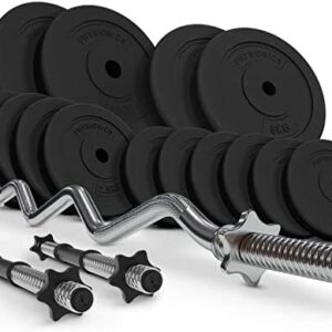 Physionics® Barres avec Disques de Poids - 36/56/76 KG, Curl Barre EZ
